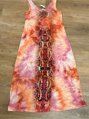 Y2k orange tie dye beaded groovy maxi dress boho